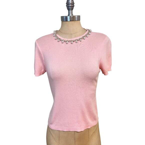 Flora Bea Sweaters - Flora Bea Pink Short-Sleeve Sweater With Pearl & Rhinestone Neckline  Small